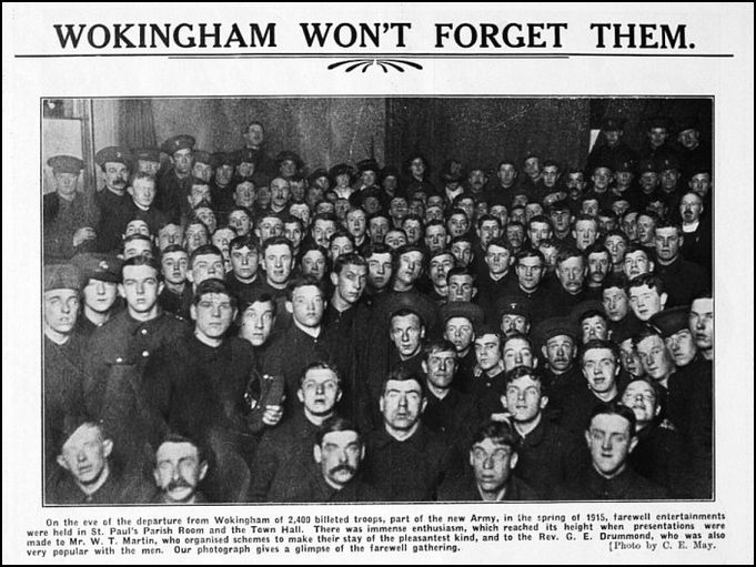 In 1915, Wokingham received 2,500 soldiers into the area. Wokingham's population itself was only 4,500. Few of the men looking out of this photo would have survived the conflict. Click on picture to view full image.