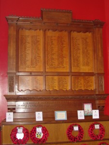 The War Memorial in Wokingham's Town Hall has 217 names from WW1 and 101 from WW2. One name is given from the Falklands conflict.