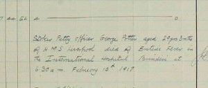 HMS Liverpool log report of George Potter's death in 1917