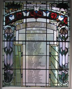 The light beauty of the stained glass memorial inside St Sebastian's Memorial Hall (built by the Palmer family after the war) 