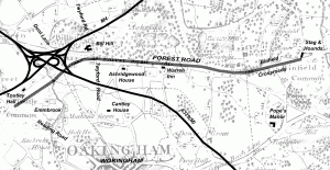 Modern image of A329M overlays Thomas Pride map of late 18th century Wokingham. (click for full size)