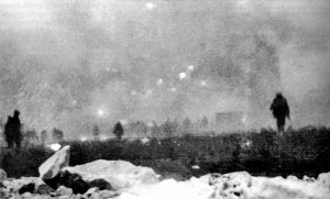 Photograph of actual attack from the British at Loos. The first attack was made under cover of smoke